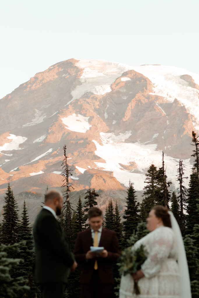 A couple elopes at sunrise in Mount Rainier National Park in Washington